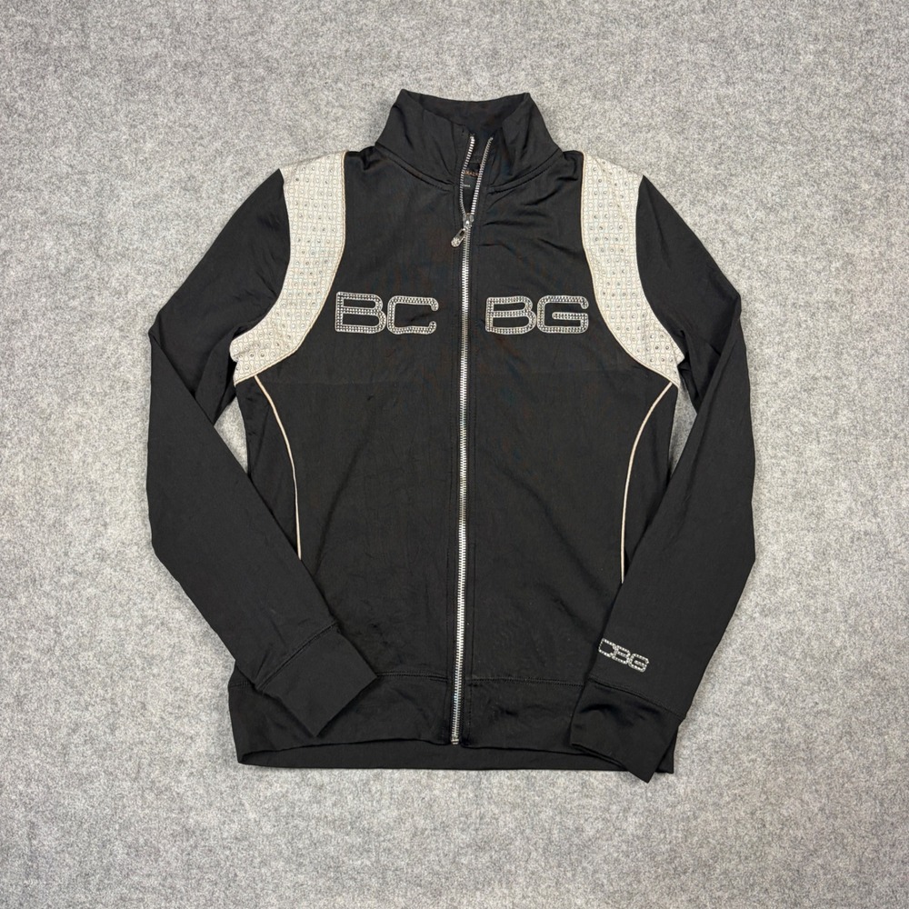 BCBG Max Azria Womens Black Rhinestone Logo Full Zip Track Jacket Small Y2K